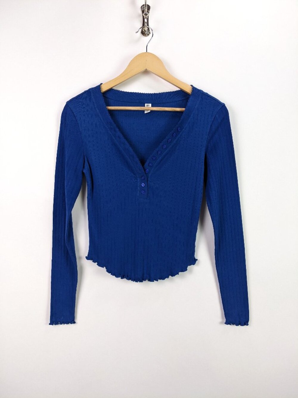BP. Womens V-neck with Open Button-detail Placket Long Sleeve Top Royal blue - S